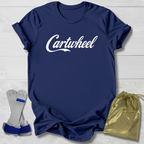 Navy blue t-shirt with 'Cartwheel' logo, socks, and drawstring bag on a light wooden surface