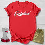 Red t-shirt with 'Cartwheel' logo, socks, and drawstring bag on a light wooden surface