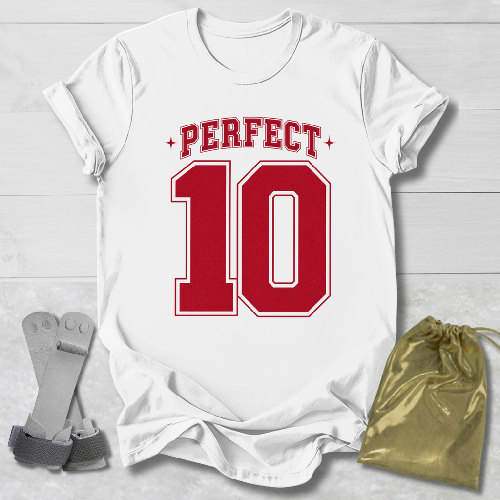White t-shirt with 'PERFECT 10' in red on a light wooden surface, with socks and a drawstring bag.