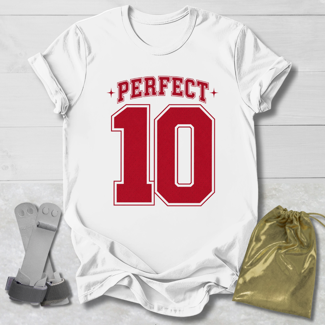 White t-shirt with 'PERFECT 10' in red on a light wooden surface, with socks and a drawstring bag.