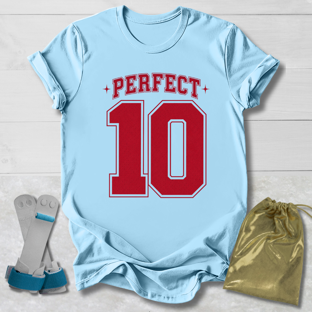 Light blue t-shirt with red 'PERFECT 10' text, socks, and drawstring bag on a light wooden surface.