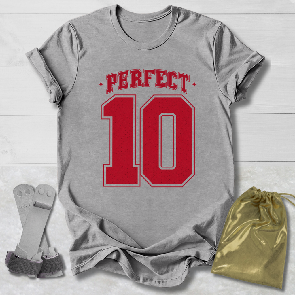 Gray t-shirt with 'PERFECT 10' in red, socks, and a drawstring bag on a light wooden surface.