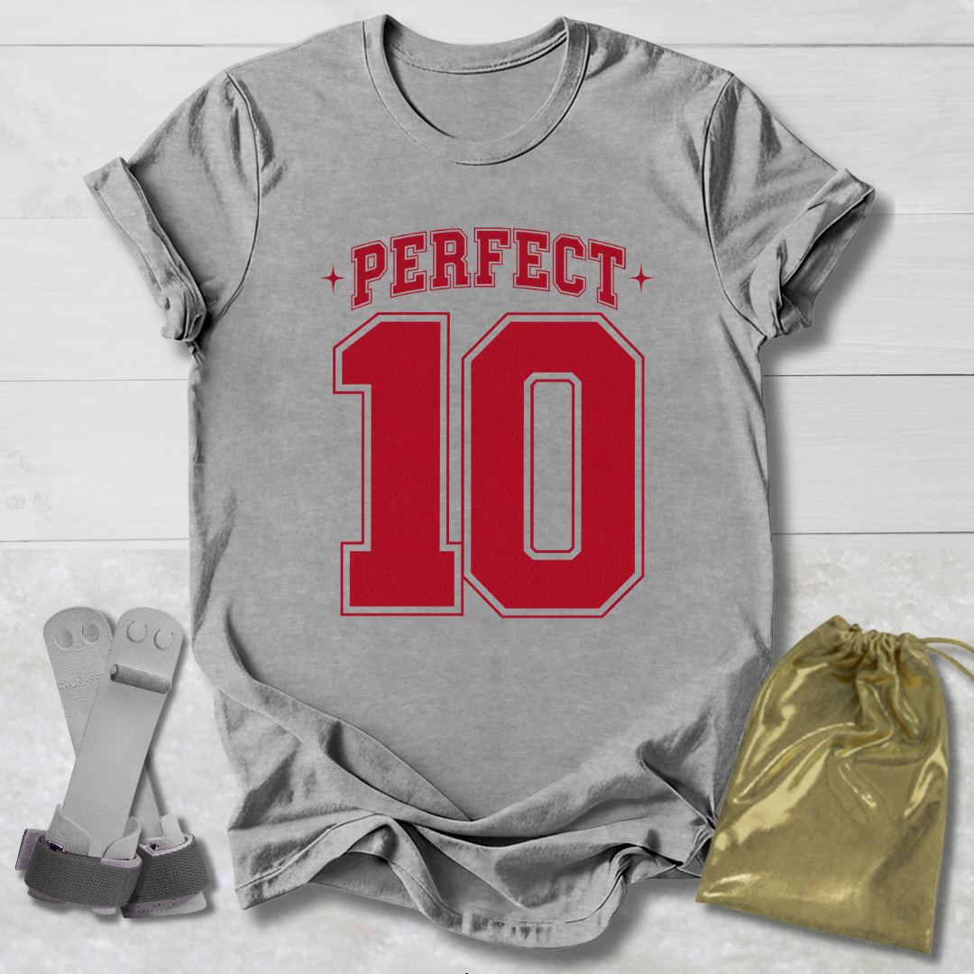 Gray t-shirt with 'PERFECT 10' in red, socks, and a drawstring bag on a light wooden surface.