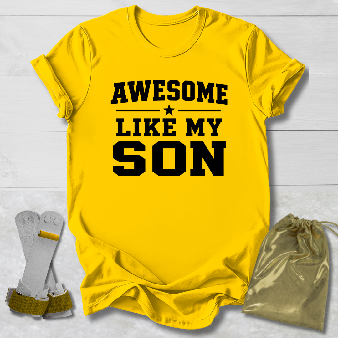 Yellow t-shirt with 'Awesome Like My Son' text on a light gray background