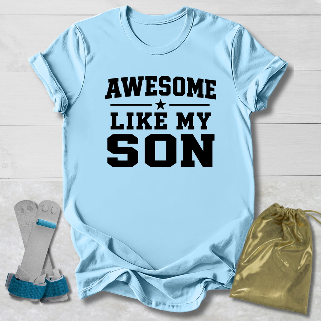 Light blue t-shirt with 'Awesome Like My Son' text, socks, and drawstring bag on a light wooden surface.