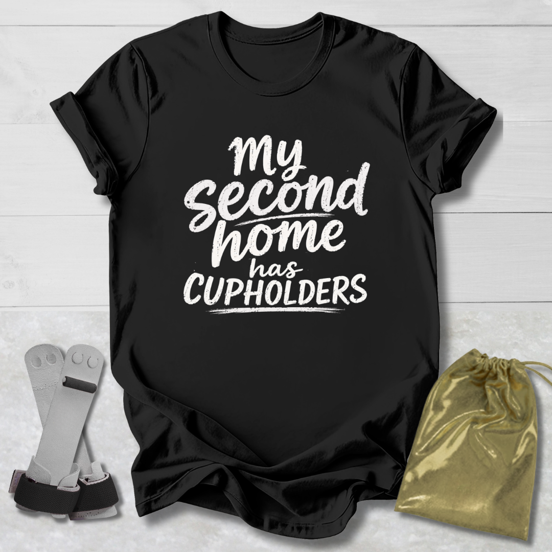 Black t-shirt with 'My second home has cupholders' text on a light wooden surface with socks and a drawstring bag.