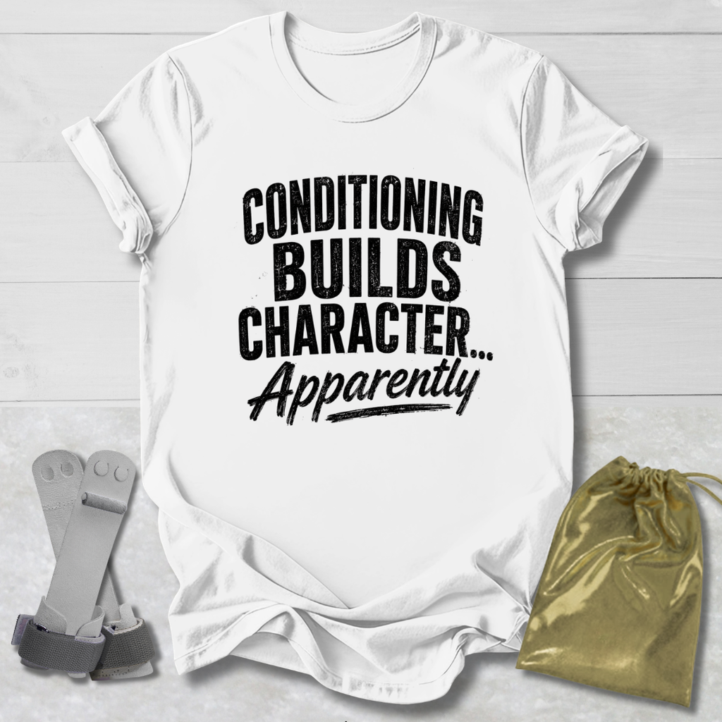White t-shirt with black text 'CONDITIONING BUILDS CHARACTER... Apparently' on a light wooden surface.