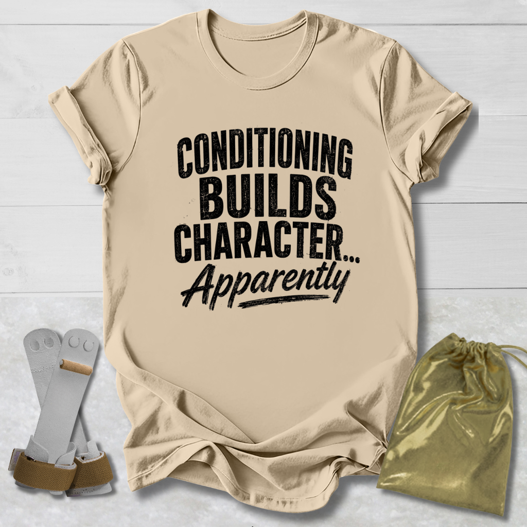 Beige t-shirt with text 'Conditioning Builds Character... Apparently' on a light wooden surface.