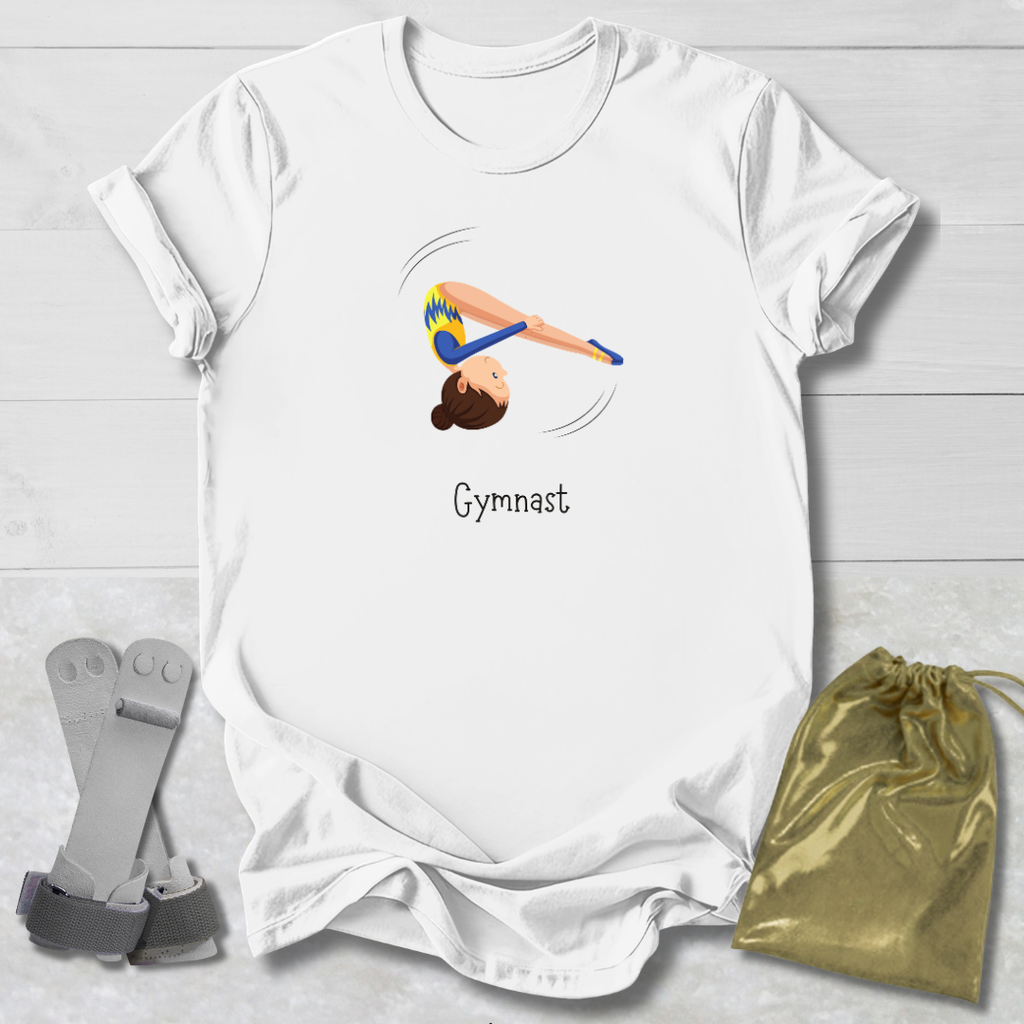 White t-shirt with gymnast graphic and 'Gymnast' text, socks, and drawstring bag on a light wooden surface