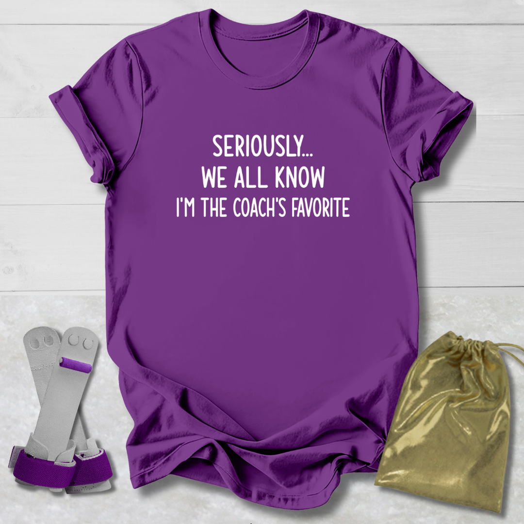 Purple t-shirt with humorous text, socks, and drawstring bag on a light wooden surface