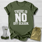 Green t-shirt with 'There is no off season' text, socks, and drawstring bag on a light wooden surface.