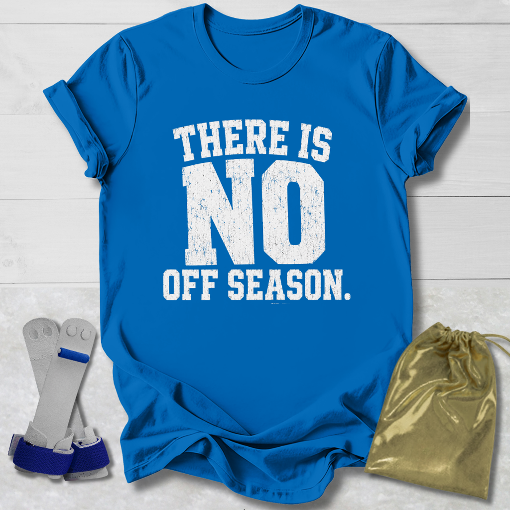Blue t-shirt with 'There is no off season' text, socks, and drawstring bag on a light wooden surface.