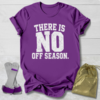 Purple t-shirt with 'There is no off season' text, socks, and drawstring bag on a light wooden surface.