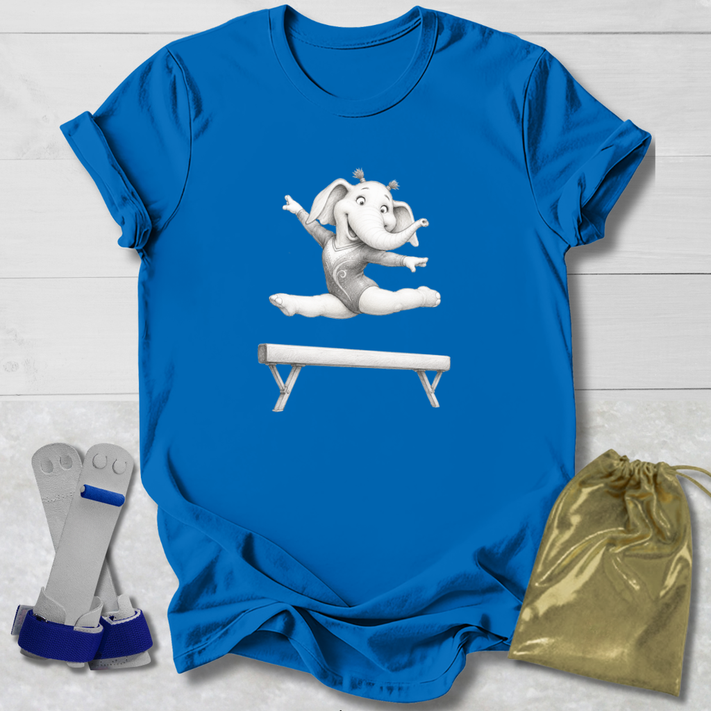 Blue t-shirt with a cartoon elephant on a balance beam, socks, and a drawstring bag on a light wooden surface.