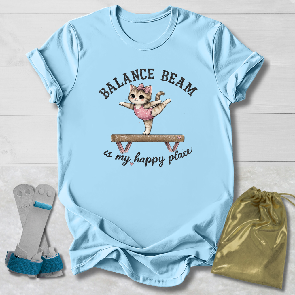 Light blue t-shirt with a graphic of a cat on a balance beam and text, displayed with socks and a drawstring bag.