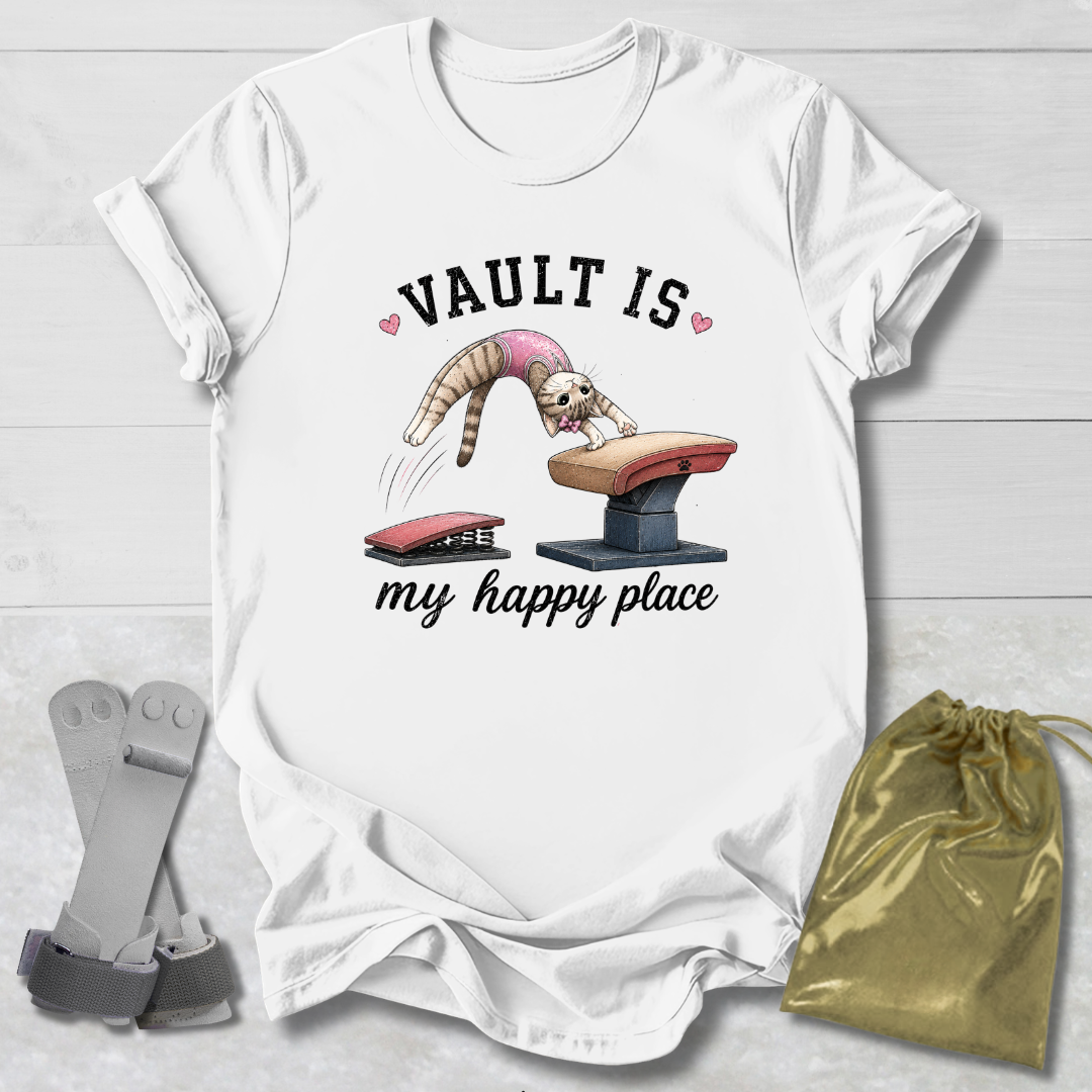 White t-shirt with a graphic design of a cat on a vault and text 'VAULT IS my happy place' on a light wooden surface.