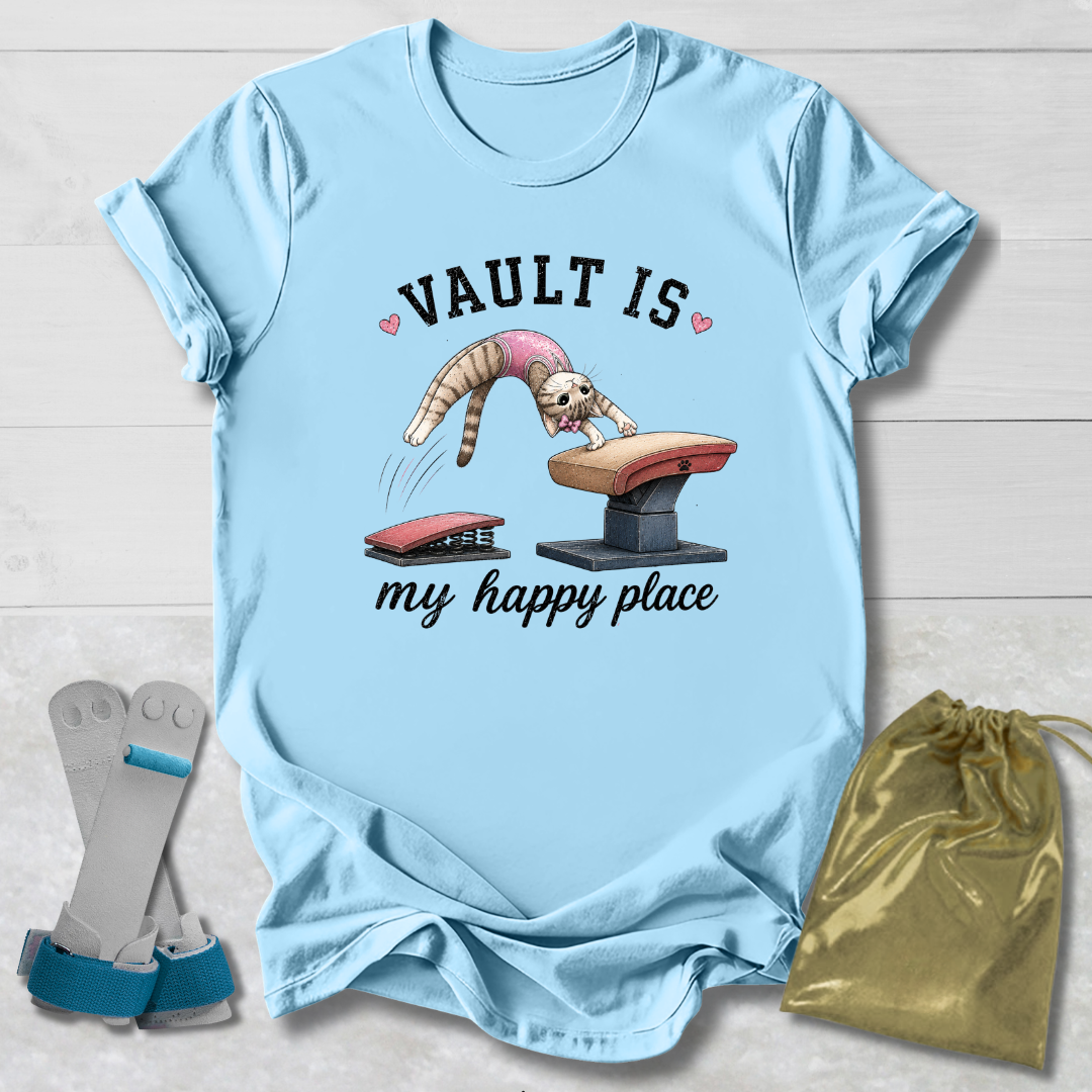 Light blue t-shirt with a graphic design and text, placed on a wooden surface with socks and a drawstring bag.