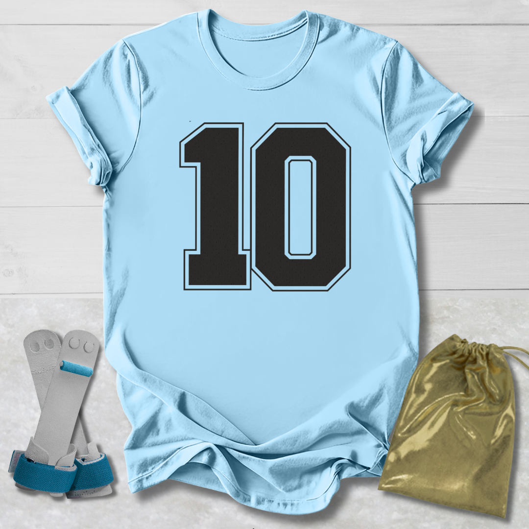 Light blue t-shirt with black number 10, socks, and drawstring bag on a light wooden surface