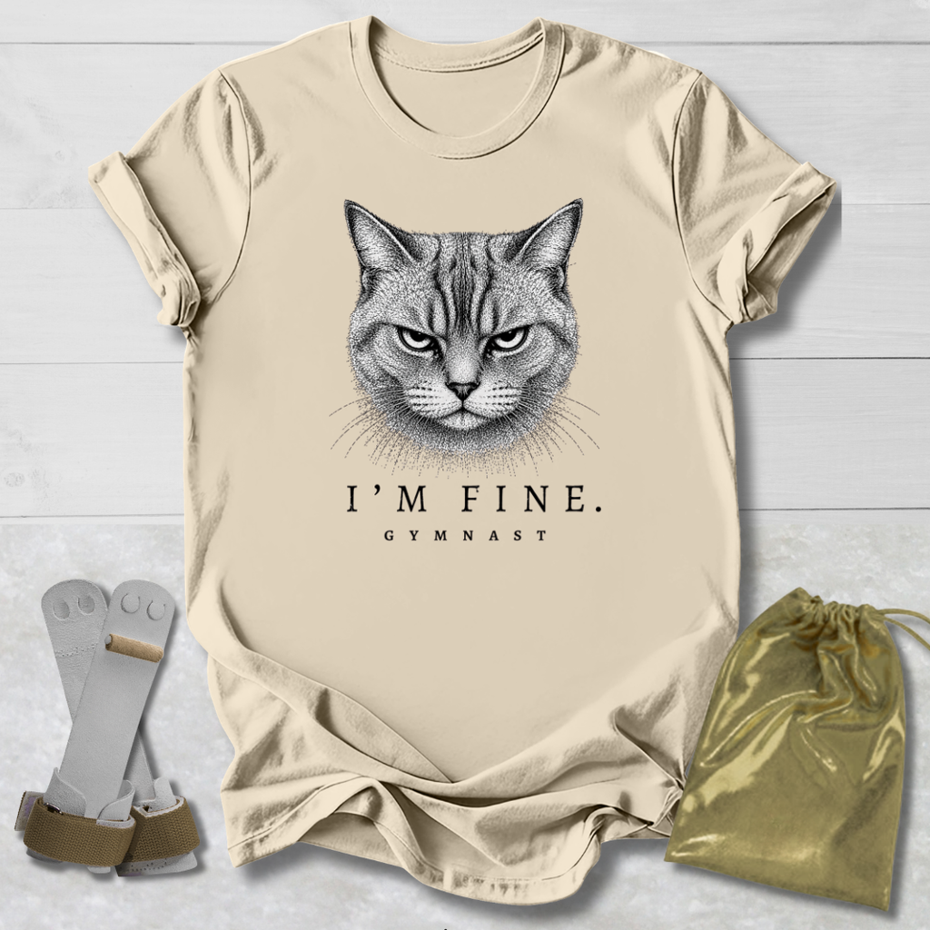 Beige t-shirt with a cat graphic and text, socks, and drawstring bag on a light wooden surface.