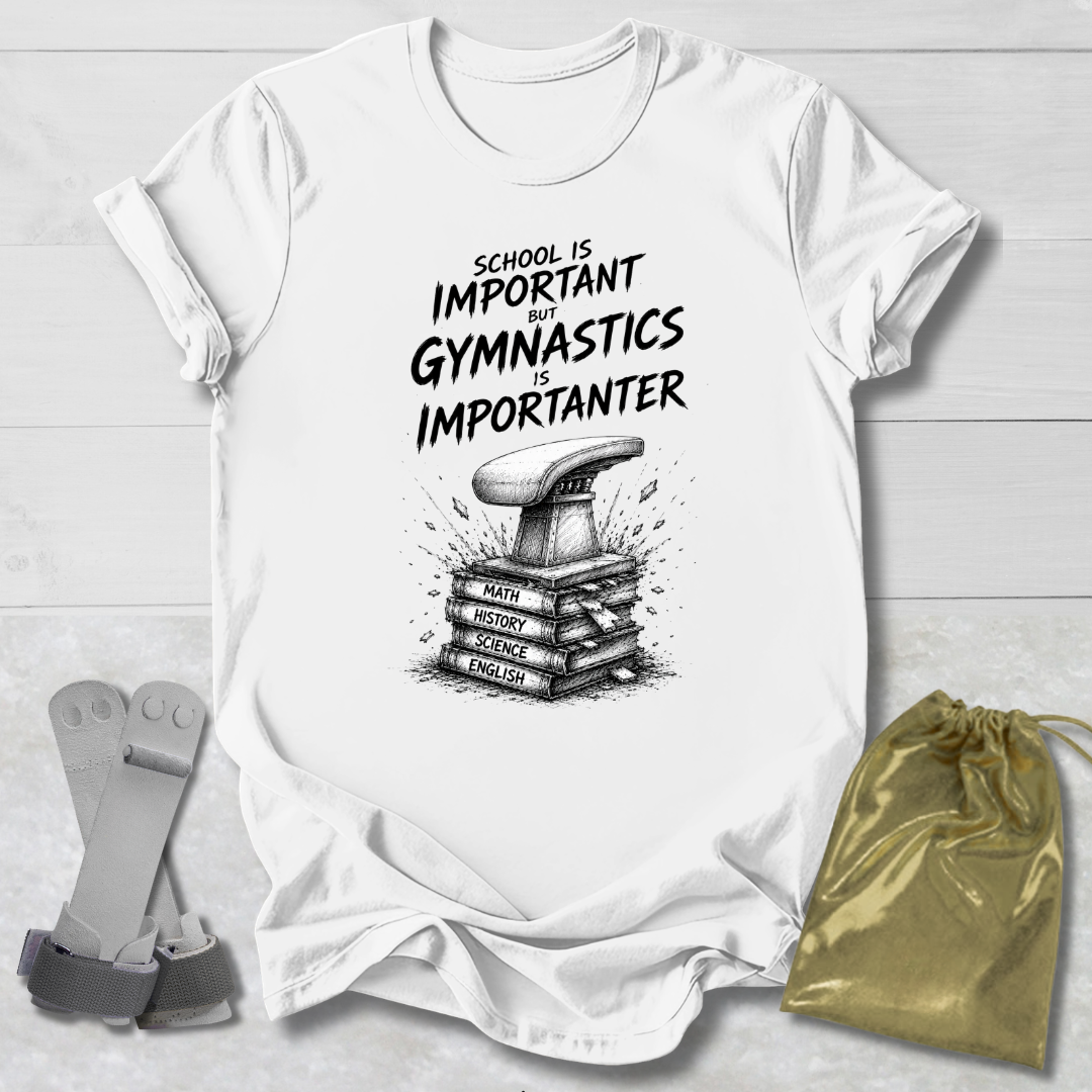 White t-shirt with 'Gymnastics is Importanter' design on a wooden surface with socks and a drawstring bag.