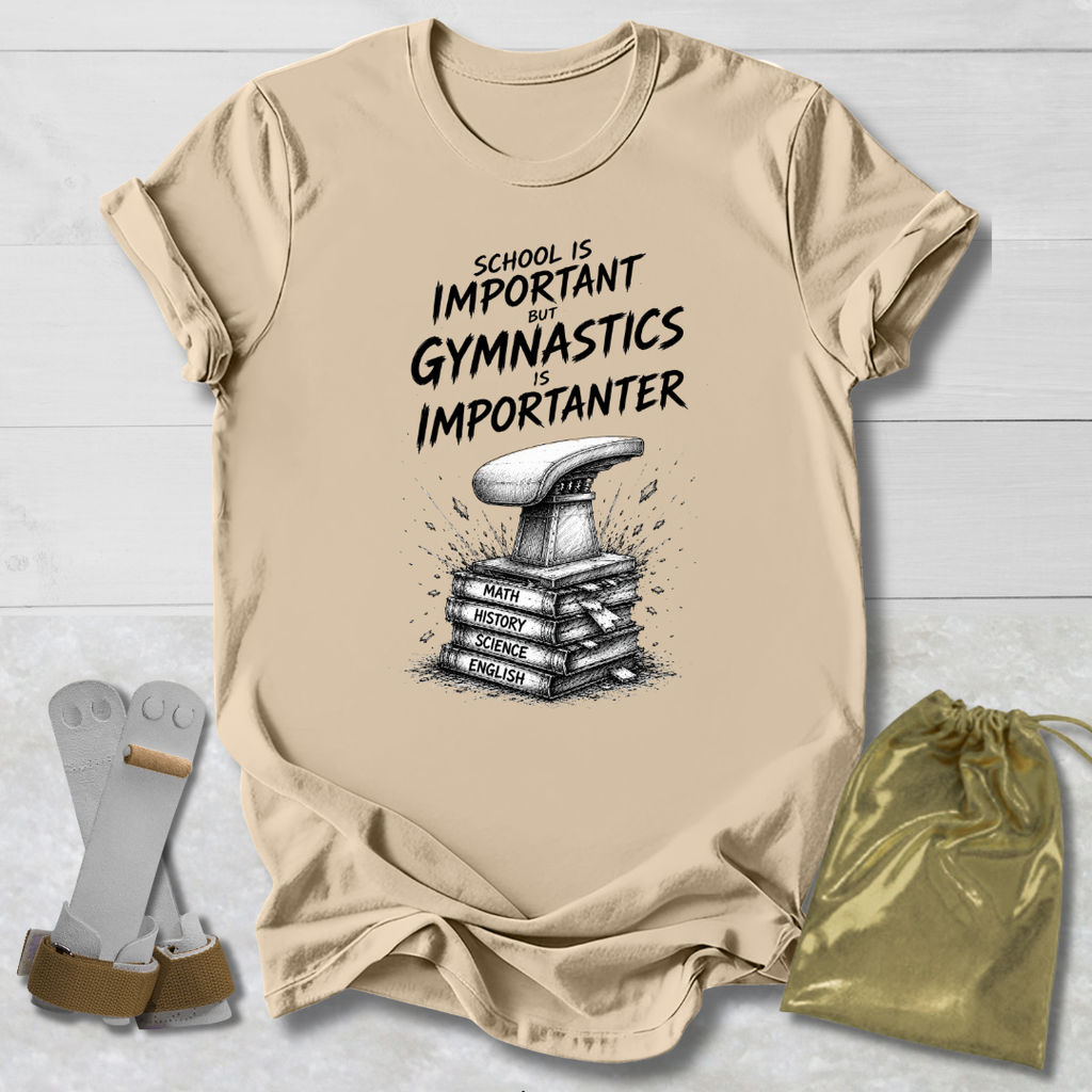Beige t-shirt with gymnastics-themed text and graphic, socks, and drawstring bag on a light wooden surface.