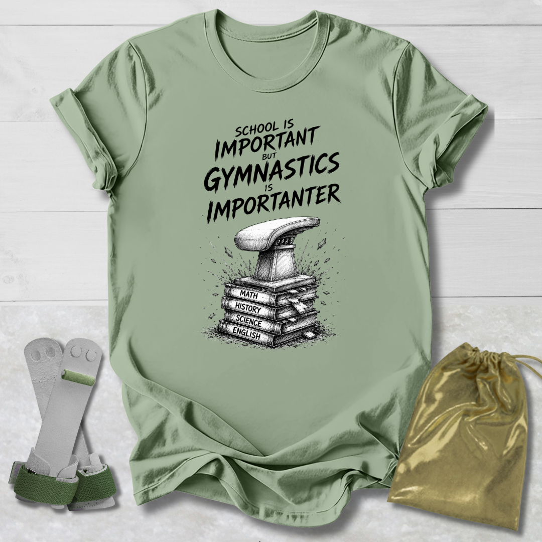 Green t-shirt with gymnastics-themed design and accessories on a light wooden surface