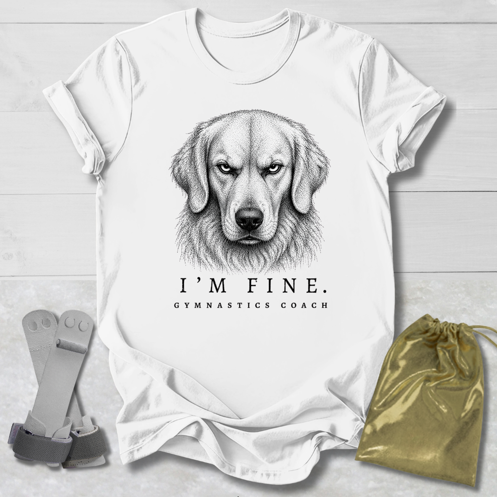 White t-shirt with a dog illustration and text, placed on a light wooden surface with socks and a drawstring bag.