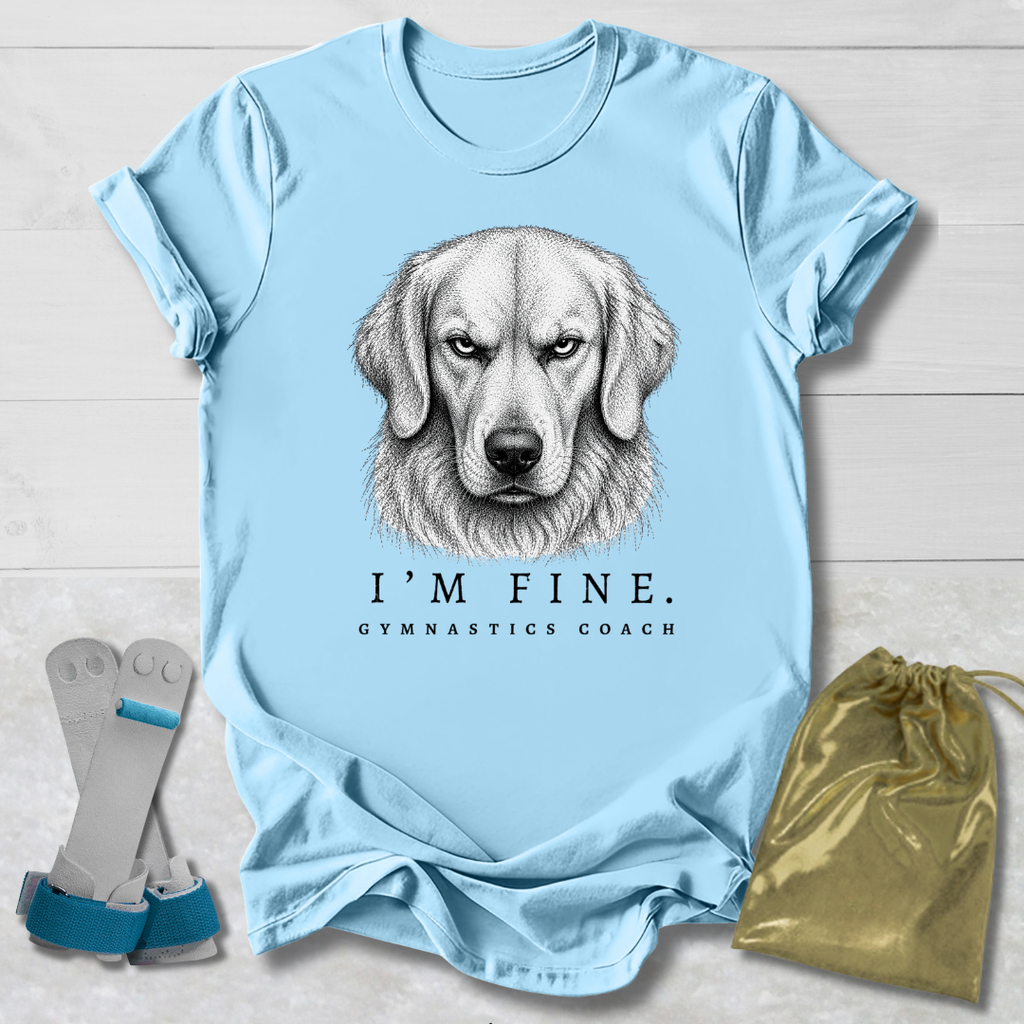 Light blue t-shirt with a dog illustration and text, placed on a wooden surface with socks and a drawstring bag.