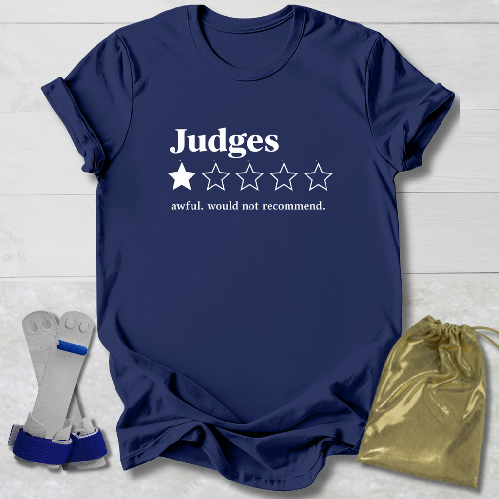 A navy blue graphic t-shirt with a white printed design that reads 'Judges' above a one-out-of-five star rating, with the text 'awful. would not recommend.