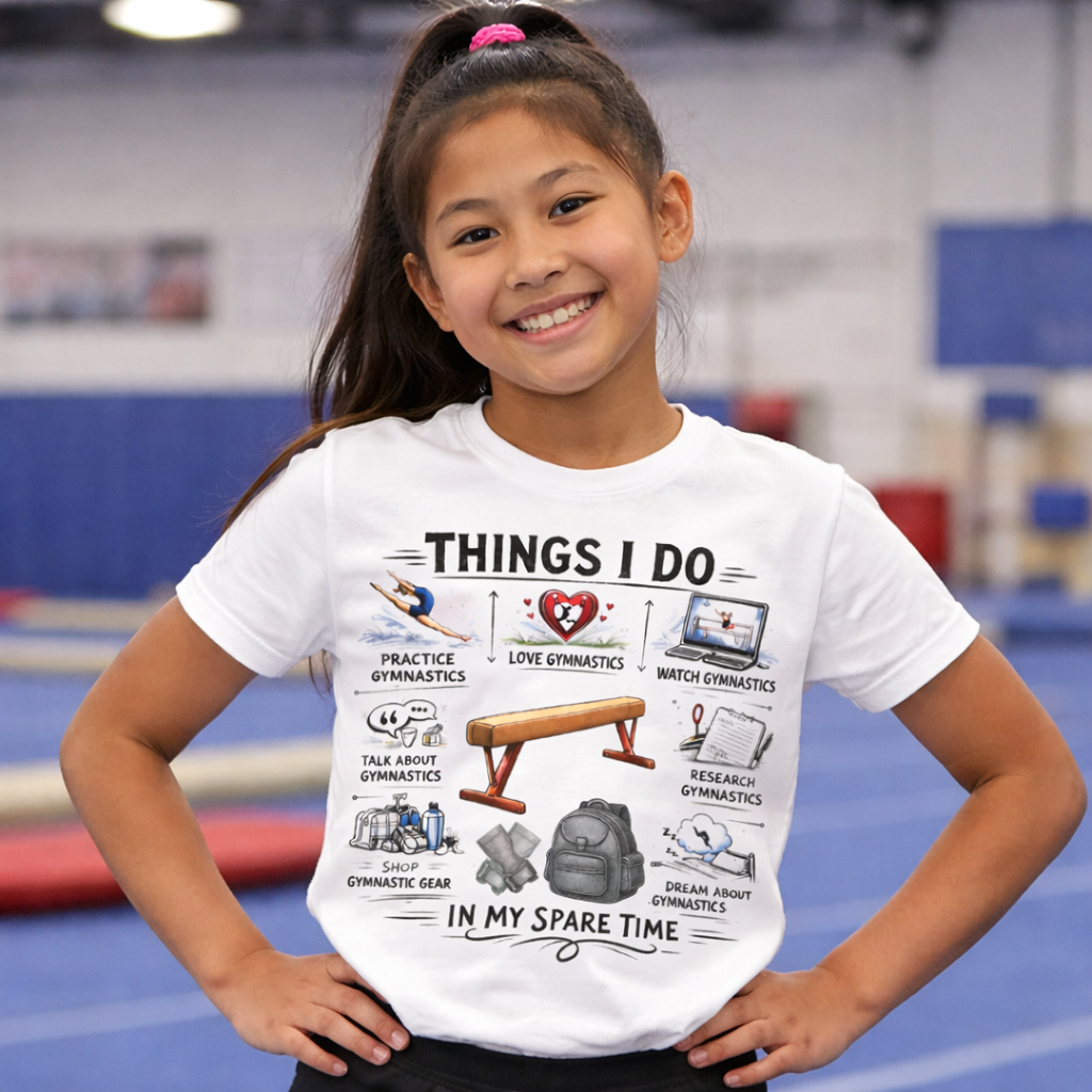 Young girl wearing a white t-shirt with a graphic design in a gymnasium.