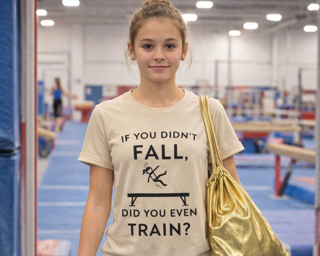 Person wearing a t-shirt with a humorous message in an indoor sports facility.