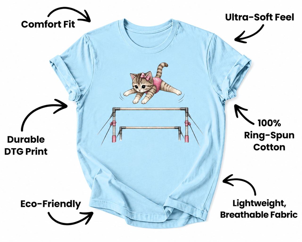A light blue short-sleeve T-shirt with a cartoon cat jumping over a gymnastics bar graphic on the chest, surrounded by text callouts describing fabric and fit qualities.